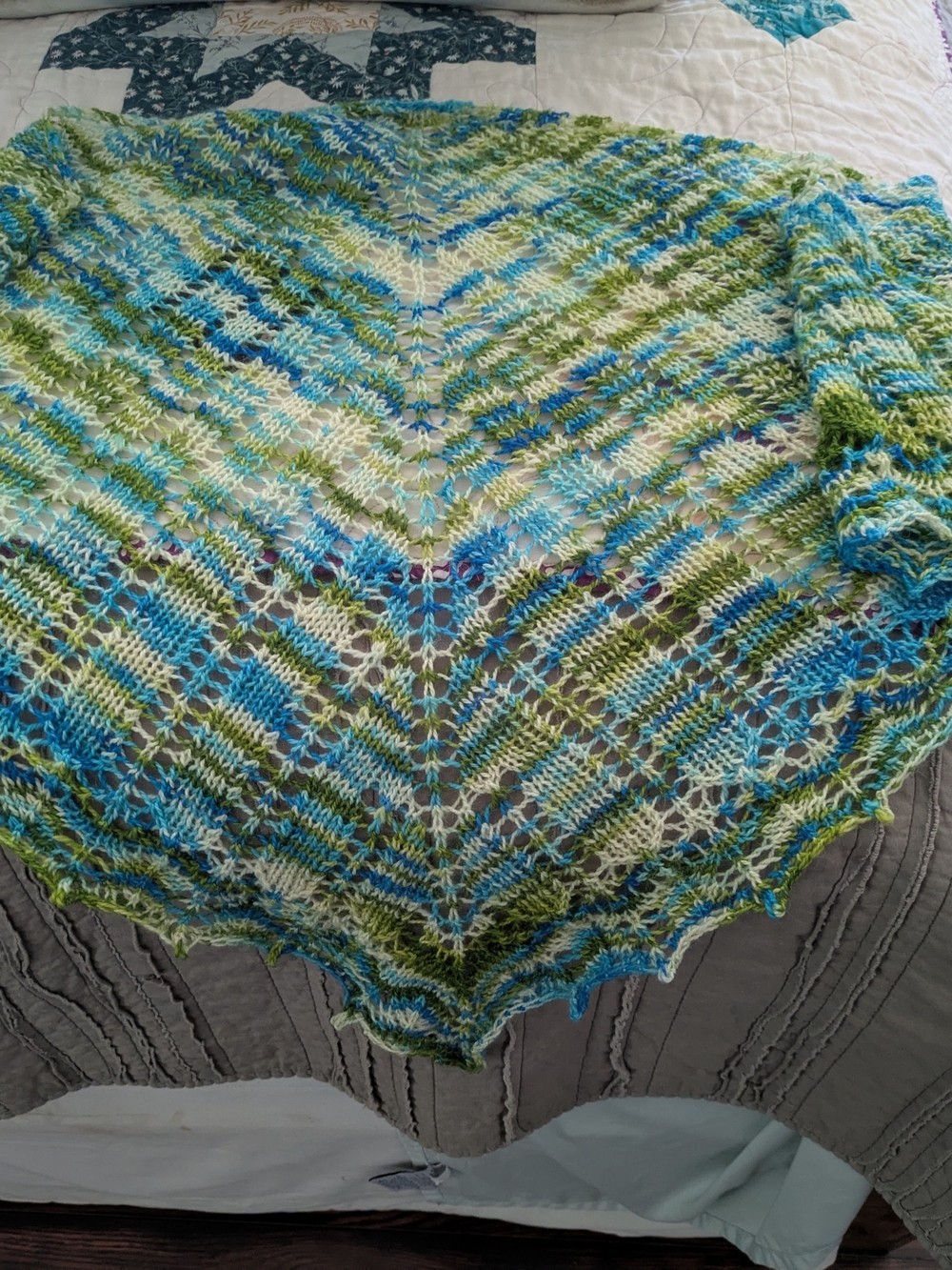Hand-Knit Blue & Green Lace Knit Women's Shawl